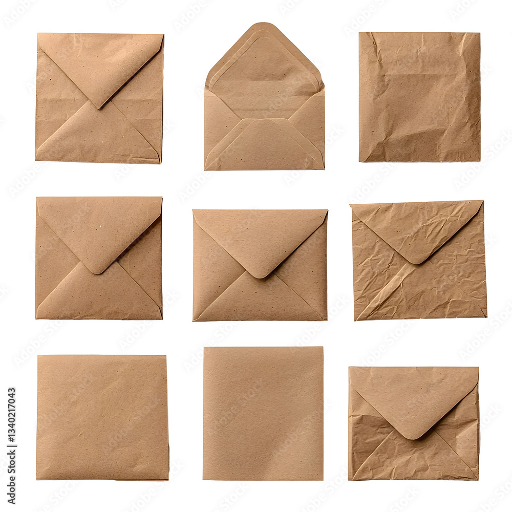 Poster collection of various brown kraft paper postal envelopes in different states some tightly sealed oth