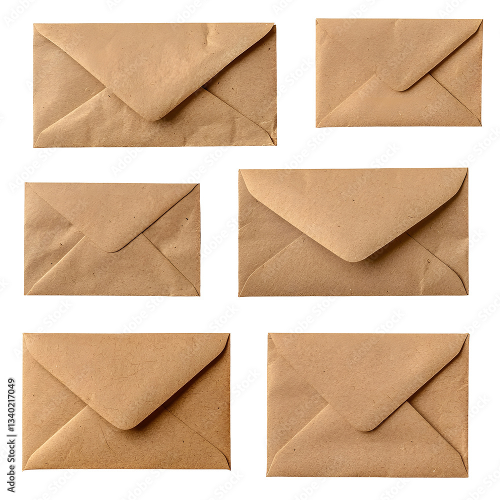 Aufkleber An arrangement of multiple brown envelopes in different positions including fully sealed completely open and one with a blank letter peeking out all isolated on a white transparent background