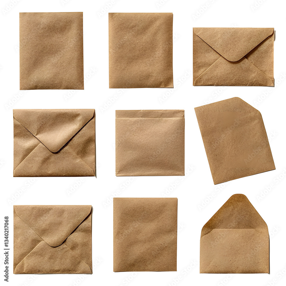 Poster a variety of sealed and open brown postal envelopes some with a partially visible blank document pre