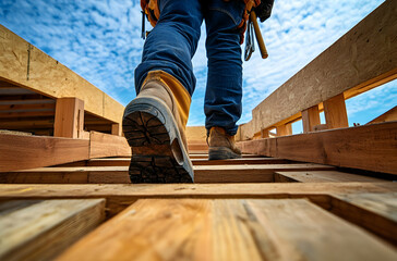 Construction Worker Walking on Wooden Planks at Building Site Under a Beautiful Blue Sky with Clouds in the Background During Daytime