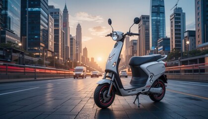 Electric Scooter Cityscape Sunrise - Urban mobility