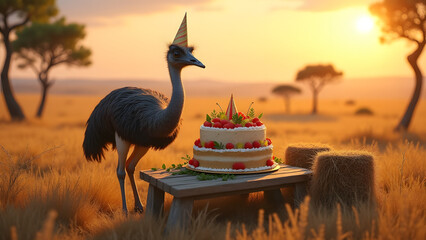 Fototapeta premium A quirky emu in a large party hat celebrates with a grain-topped cake in a savanna with tall grass and a golden sunset, creating a fun and rustic birthday atmosphere.