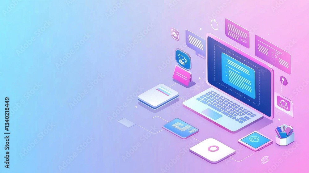 Poster modern digital workspace with laptop and colorful design elements
