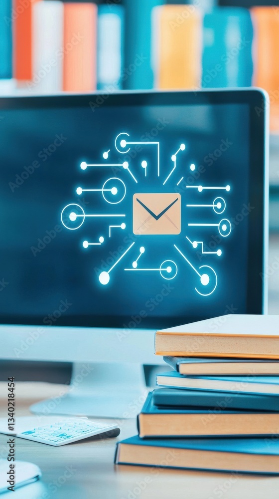 Poster computer with email icon and digital connections in office setting