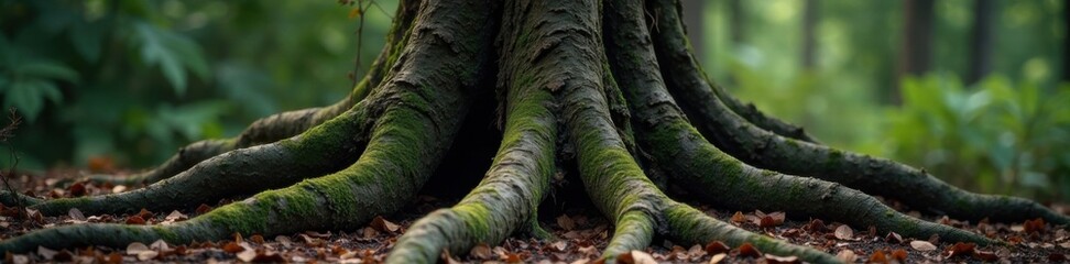 Dark wooden tree trunk with twisted roots and moss-covered bark, wilderness, forest