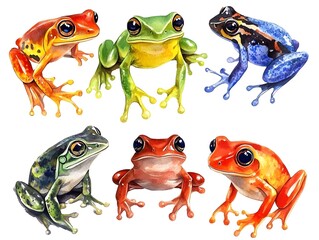 Naklejka premium Vibrant Watercolor Frogs Red Green Blue Collection
