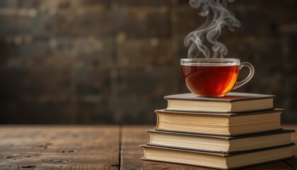 Naklejka premium Hot Tea & Books on Wooden Table - Cozy/Hygge