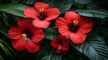 Obraz premium Lush red hibiscus flowers bloom amongst dark green tropical leaves.
