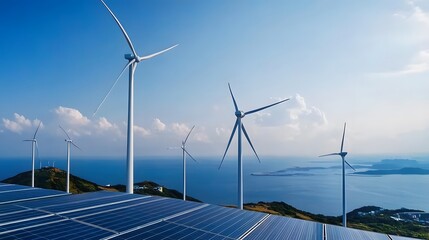 Coastal Wind Turbines   Solar Panels  Clean Energy Landscape