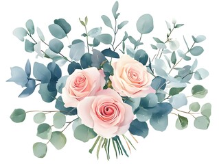 Fototapeta premium Elegant Blush Pink Roses Eucalyptus Bouquet Watercolor Illustration