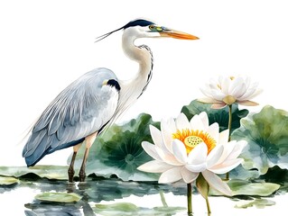 Naklejka premium Grey Heron Bird in Water Lilies Pond Watercolor Painting