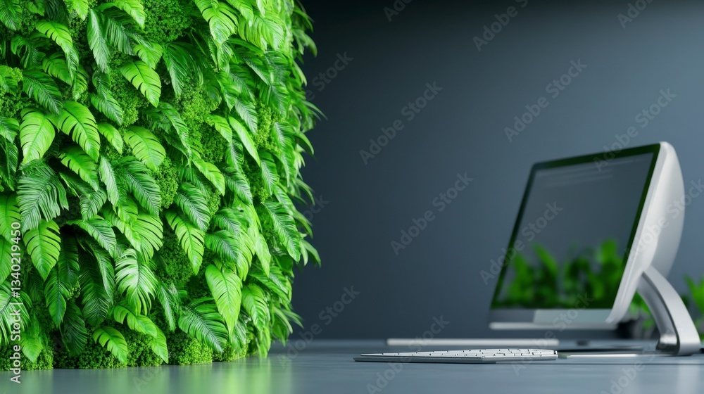 Aufkleber lush green vertical garden beside a modern desktop computer on a dark gray desk, creating a calming 