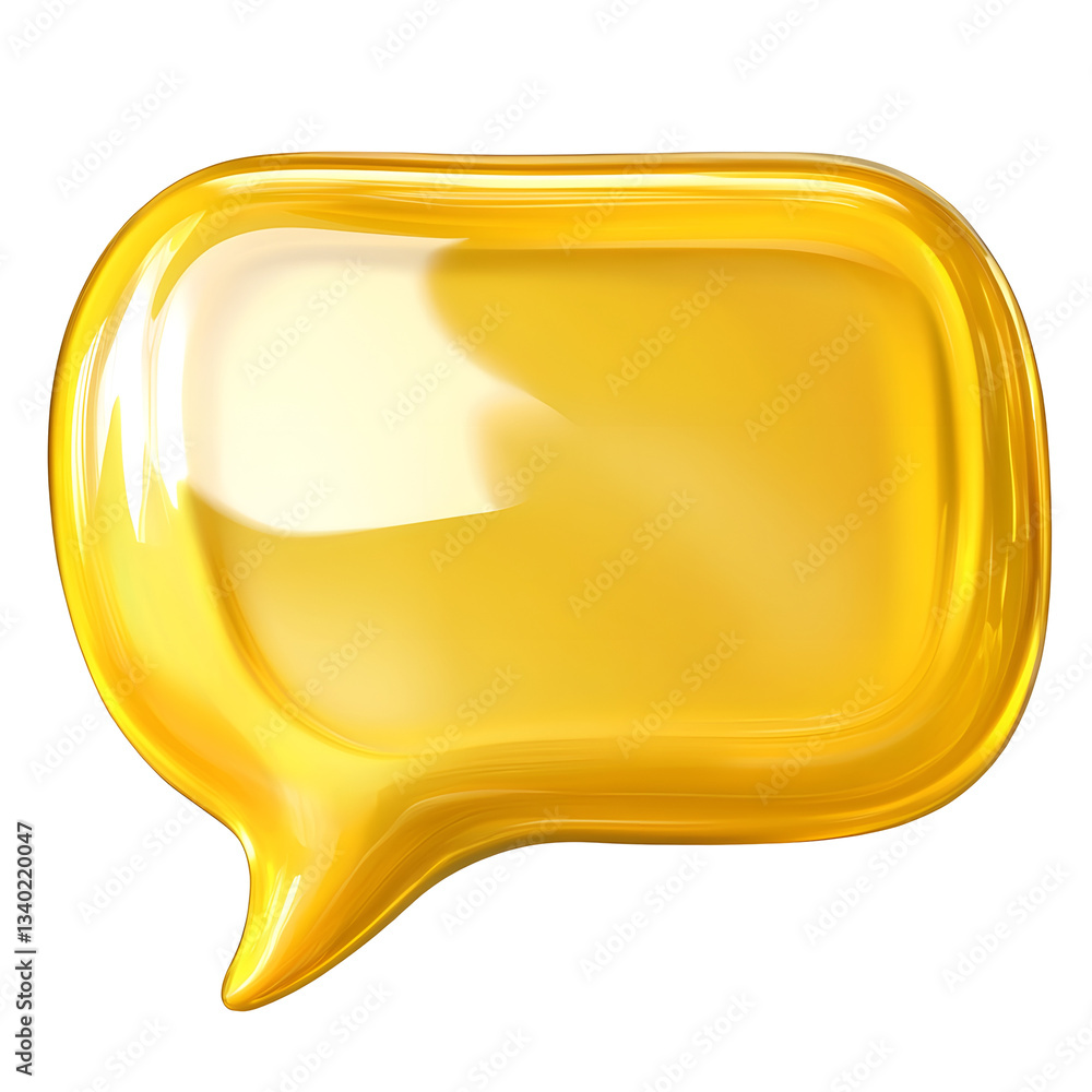 Poster a bold glossy yellow speech bubble with a minimalist transparent design perfectly cut out on a white