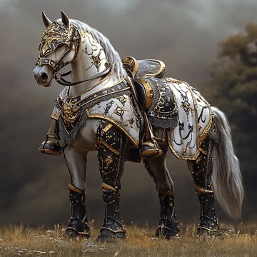 A medieval warhorse in full battle armor