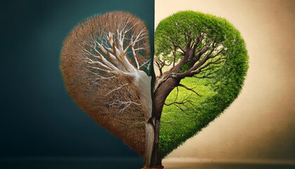 Contrast of Life and Decay: A symbolic heart-shaped composition showcasing the duality of nature, with one half representing vitality and the other, decline.