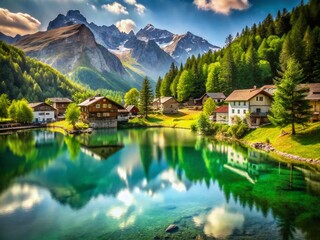Obraz premium Idyllic Alpine Lake & Village in Valle D'Aosta, Italy - Stunning High-Resolution Stock Photo
