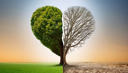 Dual-Faced Environmental Metaphor: A heart-shaped tree represents contrasting environmental conditions, with one side lush and thriving and the other withered, symbolizing the planet's health