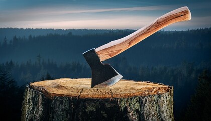 Sharp Axe in Stump: A formidable axe firmly embedded in a weathered tree stump, set against the backdrop of a dense, evergreen forest under a moody, overcast sky.