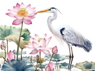Heron and Lotus Flowers Watercolor Painting