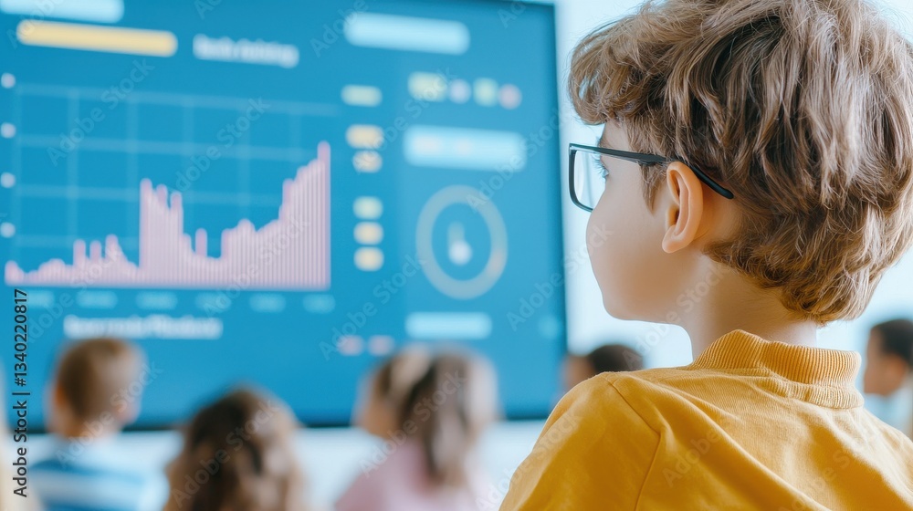 Poster young boy observing data visualization in classroom learning environment