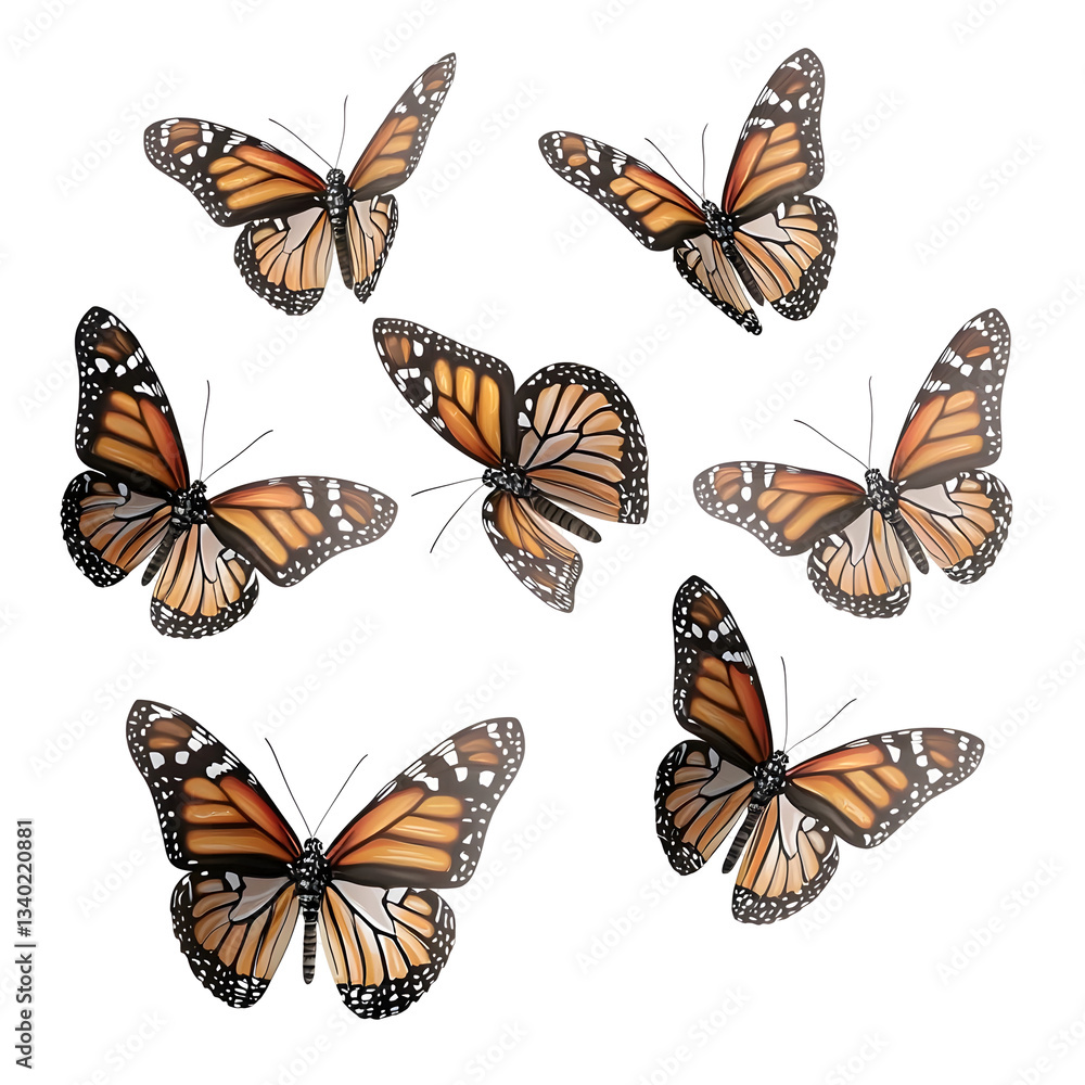 Poster a graceful display of multiple monarch butterflies in vibrant colors artfully arranged against a pur