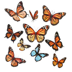 Obraz premium A vibrant array of butterflies featuring a variety of wing patterns textures and colors isolated on a clean white transparent background with no shadows or reflections