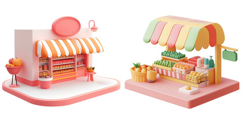 Fototapeta premium Whimsical Illustration of Colorful Market Stalls Selling Produce and Small Goods