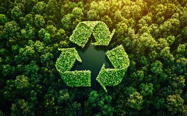Aerial view of a dense green forest with a floating recycling symbol made of vibrant leaves, symbolizing sustainability and environmental responsibility. Perfect for eco-friendly campaigns