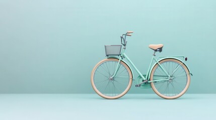 Fototapeta premium Light green bicycle with a basket on a light green background. Studio shot. 