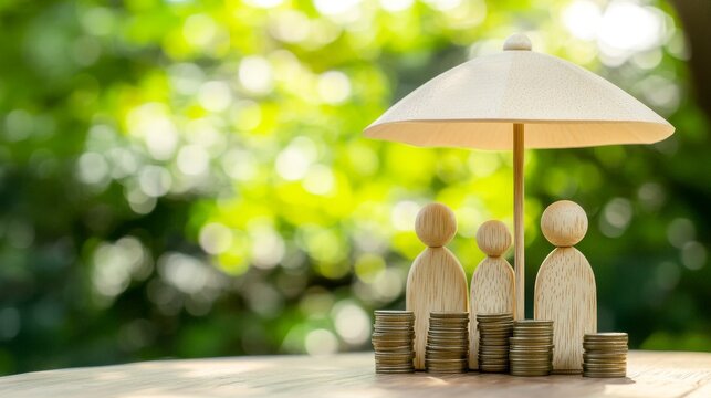 Wooden toy family with umbrella and stacked coins on a table, symbolizing life insurance, financial security, and social protection. Conceptual representation of savings and investment.