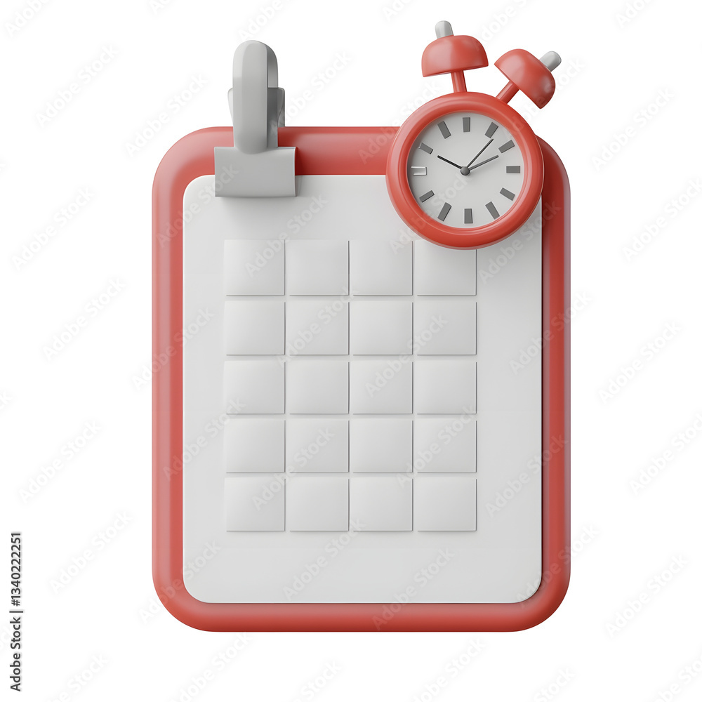 Fototapete A simple and modern 3D rendering of a red calendar grid with a small clock icon representing event planning and time management efficiency