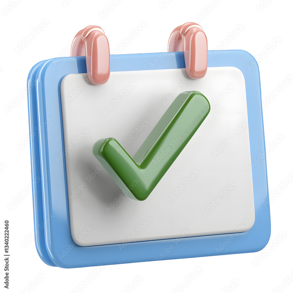 Poster A minimalist and modern 3D calendar icon with a floating green tick mark symbolizing completed goals and task reminders