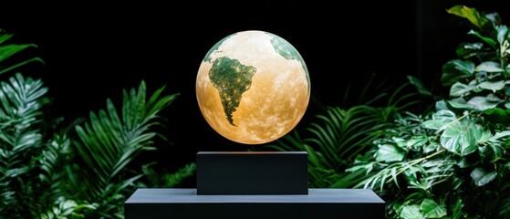 A glowing globe featuring South America, displayed on a pedestal amidst lush green foliage, creating a contrast between nature and technology.