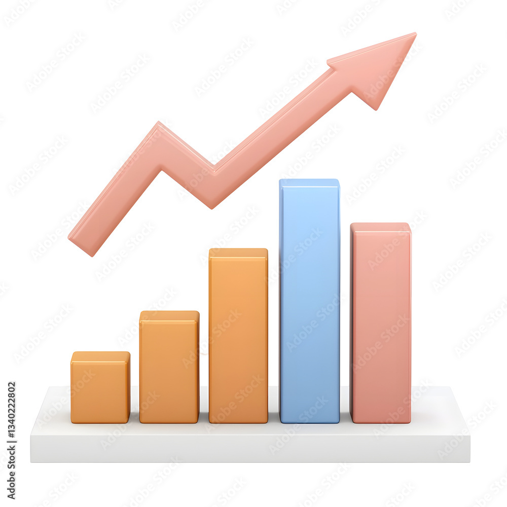 Aufkleber A sleek modern 3D bar chart displaying positive financial performance and development with a smooth rising arrow indicating successful progress and growth