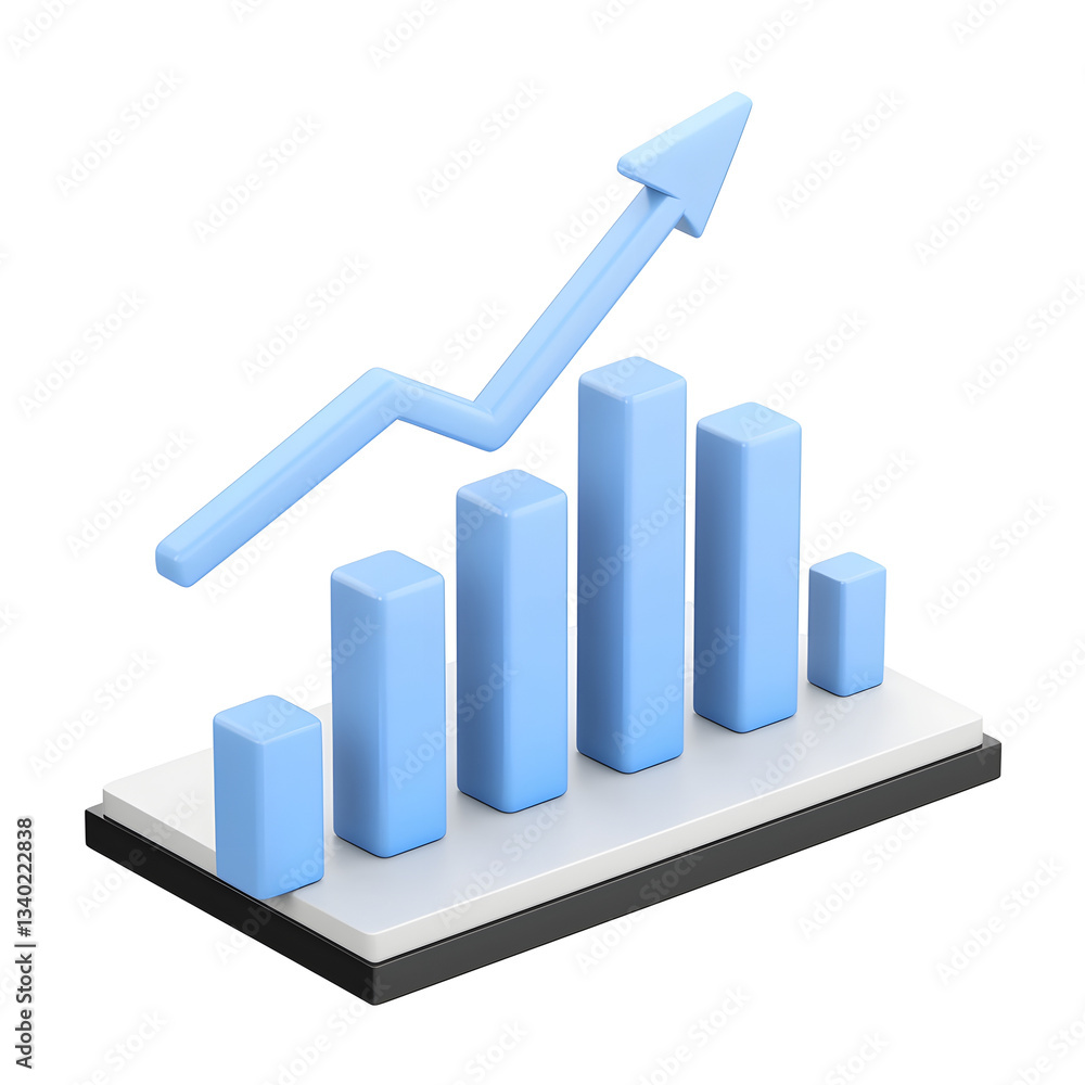 Leinwandbilder A professional 3D bar chart with an increasing trend arrow ideal for data analysis and statistics isolated on a white transparent background