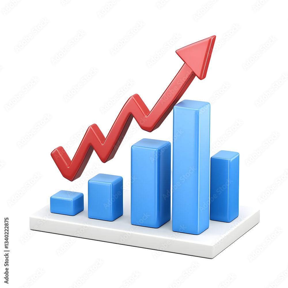 Poster A vibrant 3D bar chart with a bold upward pointing arrow illustrating strong economic performance and growth trends