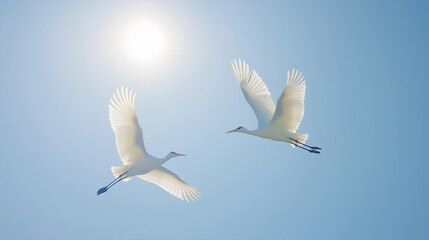 Obraz premium two heron cranes flying with moon in the background 