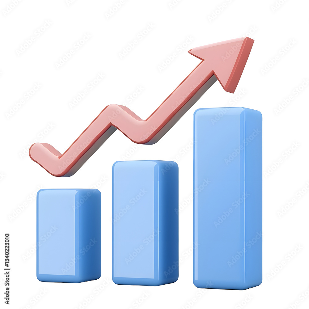 Poster Sleek and modern 3D bar chart displaying financial performance data with a smooth rising arrow indicating growth and improvement
