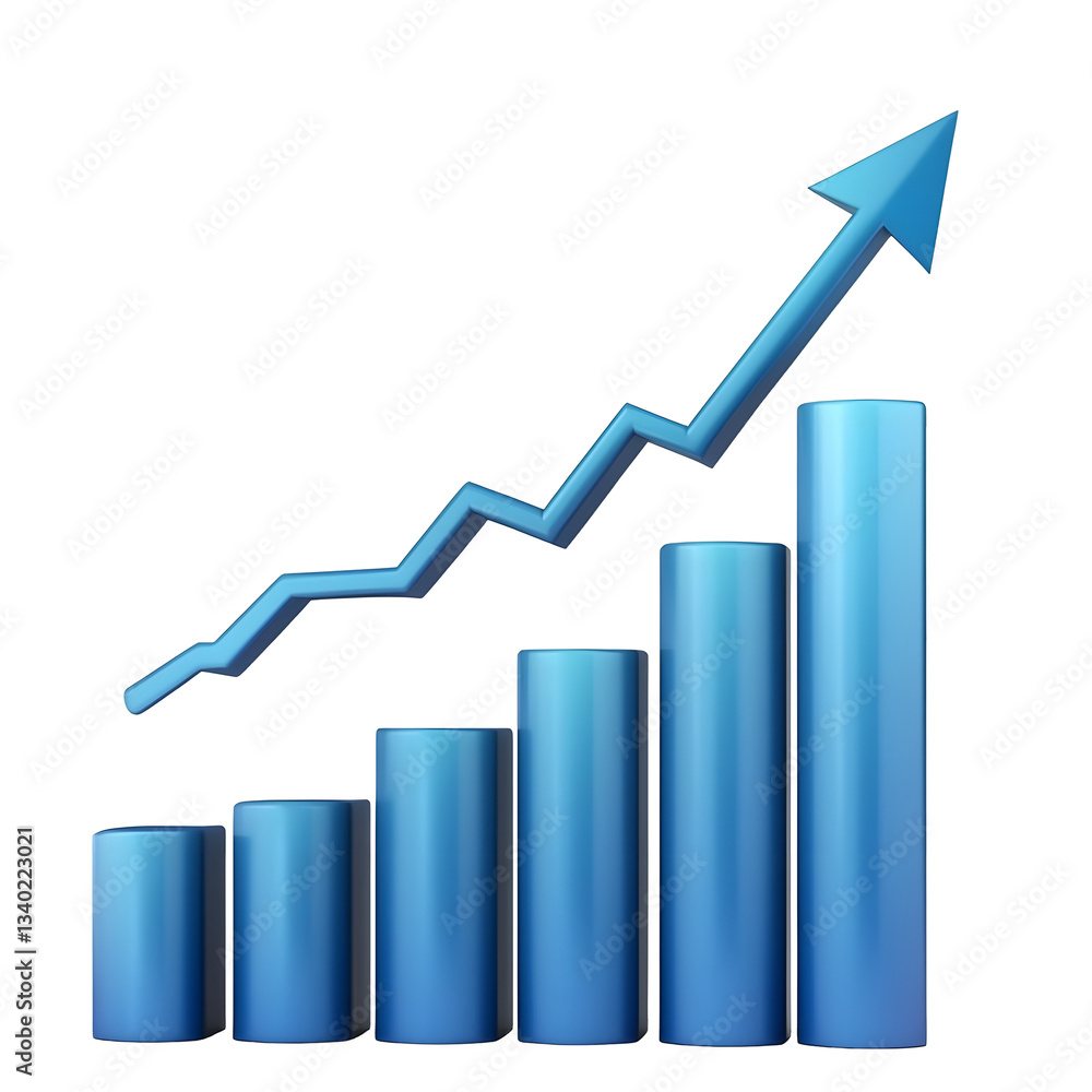 Poster A 3D bar chart with a blue arrow pointing upwards symbolizing growth progress and success in the business or financial sector