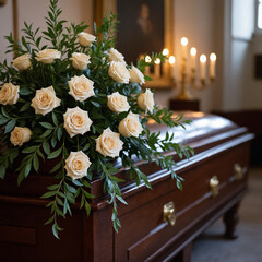 Funeral scene with melancholy mood, beautiful white roses on wooden casket in solemn setting