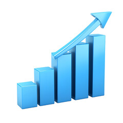 A sleek and modern 3D bar graph with an upward trending arrow representing financial progress and growth over time
