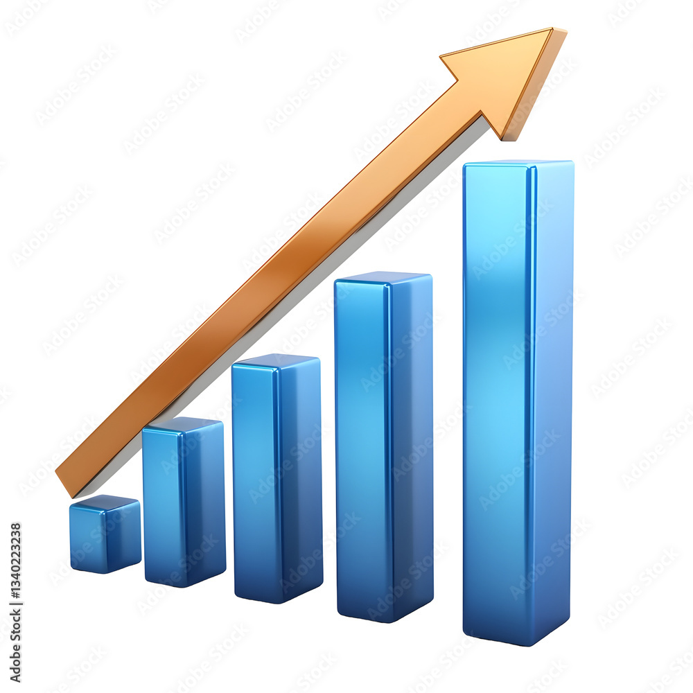 Aufkleber A professional 3D bar chart with an upward trending arrow illustrating data analysis and business statistics for growth and performance monitoring