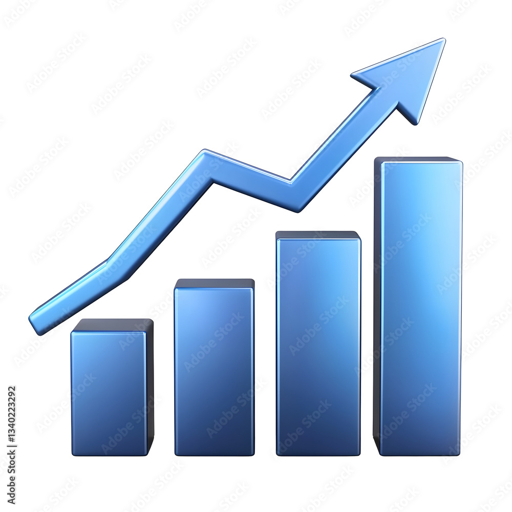 Poster A smooth three dimensional bar chart with a prominent upward pointing arrow symbolizing financial growth market performance and overall business success