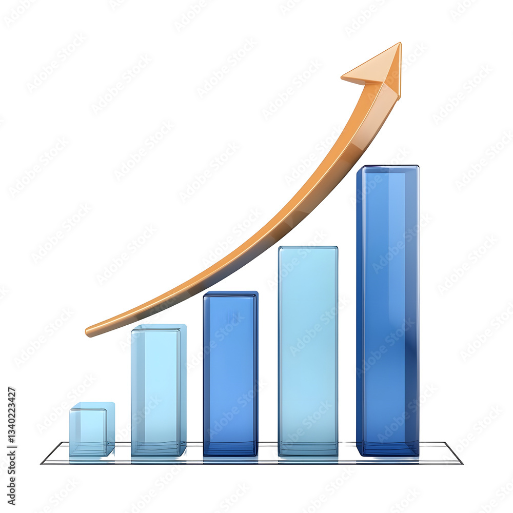 Poster A polished and visually appealing 3D bar graph with an upward pointing arrow demonstrating growth and success in business performance metrics and analytics