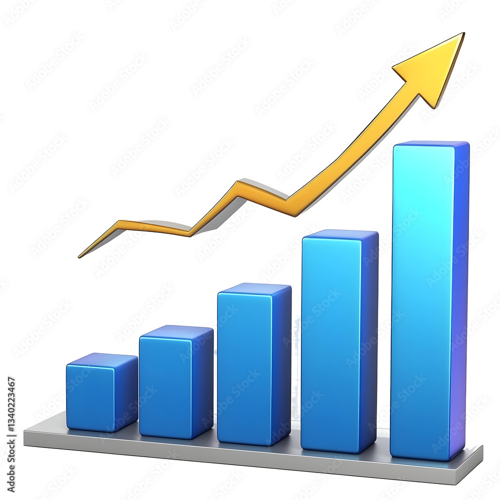 Poster Sleek and futuristic 3D bar chart with a dynamic upward pointing arrow illustrating growth analytics and successful market performance