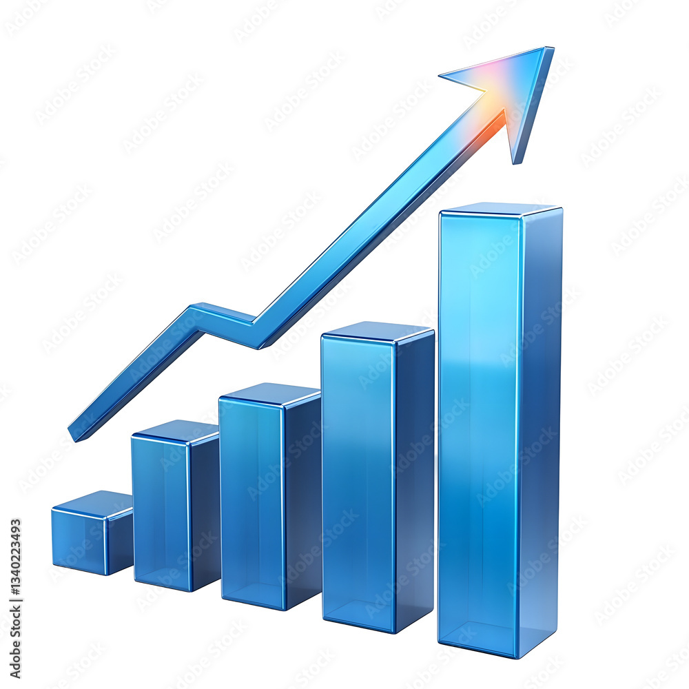 Poster A vivid 3D bar graph with an upward pointing arrow symbolizing positive trends and market growth displayed on a transparent background for clear visualization