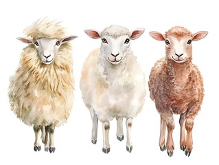 Fototapeta premium Three Watercolor Sheep Cute Farm Animals Fluffy Wool Adorable Faces