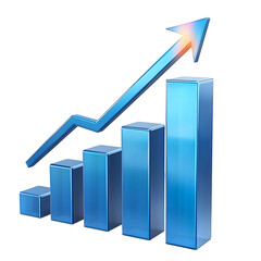 A vivid 3D bar graph with an upward pointing arrow symbolizing positive trends and market growth displayed on a transparent background for clear visualization