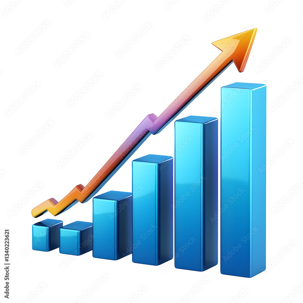 Poster A refined and ultra smooth 3D bar graph depicting business growth and profitability with an elegant rising arrow highlighting the positive trajectory