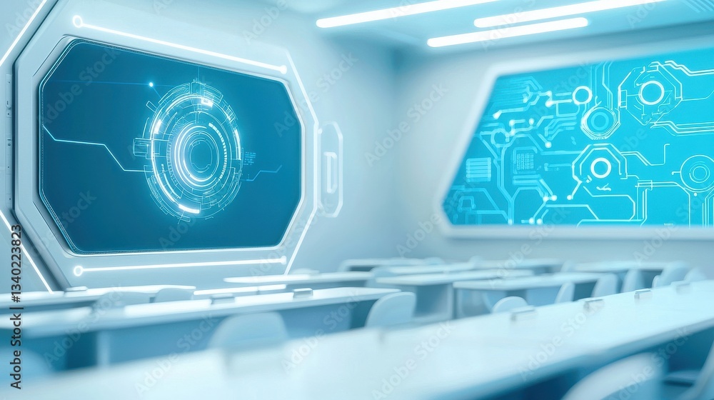 Poster modern classroom with digital interfaces and futuristic design